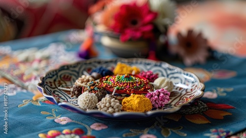 13. A beautifully decorated Raksha Bandhan plate with intricate rakhis and sweets, set against a backdrop of traditional Indian patterns photo