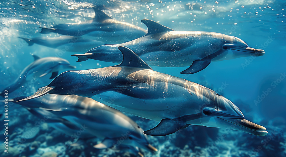 Obraz premium A pod of dolphins swimming freely and playfully in a protected marine reserve. Generative AI.