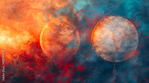 Photorealistic Shamanic Drums in Fog with Vibrant Colors for Instagram Cover photo