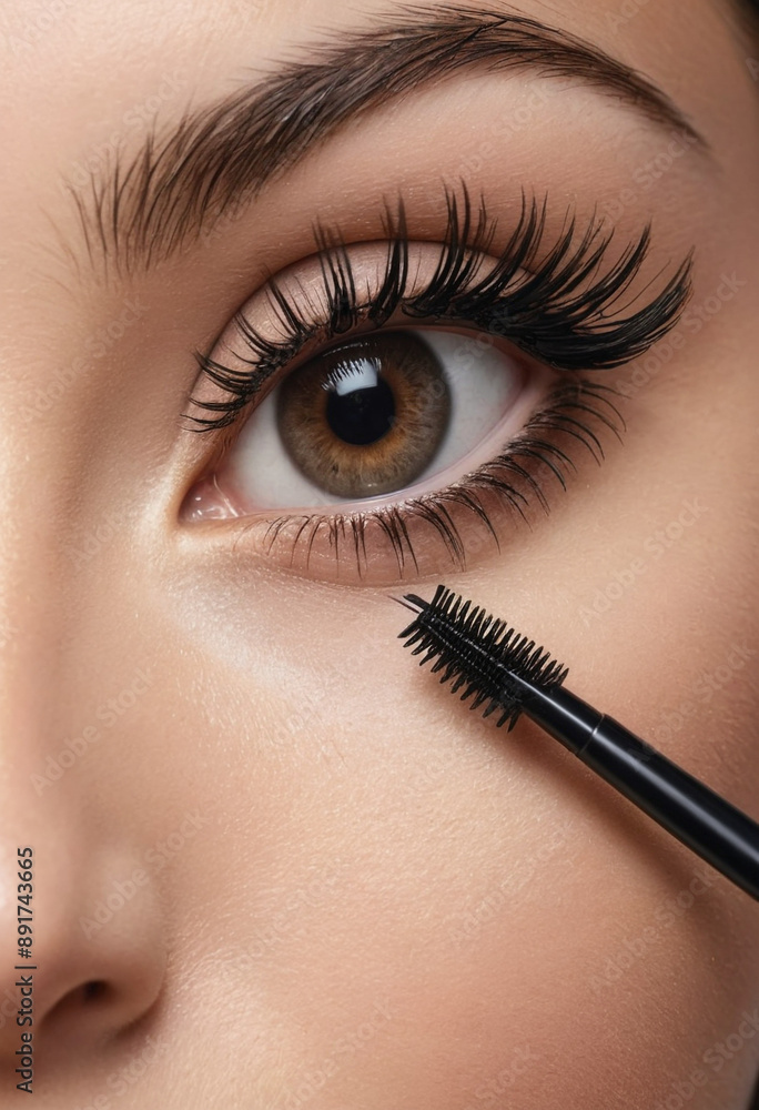 Naklejka premium A close-up of a mascara wand with volumized lashes, depicting dramatic results. 