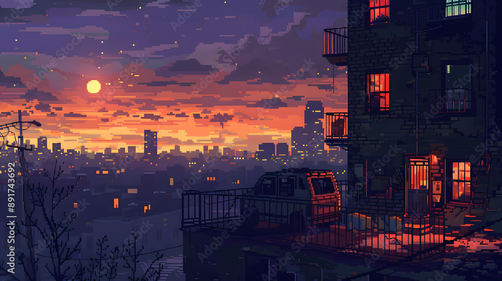 Rooftop Rampage in Pixel Art Landscape with Dark Color Scheme Rooftop Rampage in Pixel Art Landscape with Dark Color Scheme