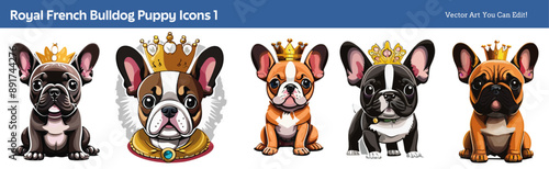 Five cute French Bulldog puppies with crowns, ideal for pet-themed designs, social media icons, stickers, greeting cards, children's illustrations, and pet product branding.