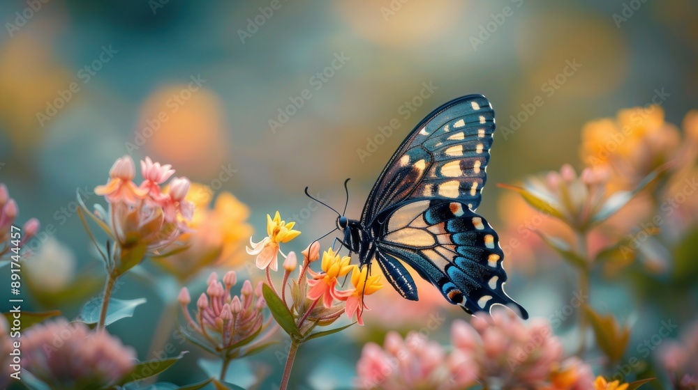Papilio Butterfly Resting on Flower Plants in Natural Habitat with Soft Green Background Papilio Butterfly Resting on Flower Plants in Natural Habitat with Soft Green Background