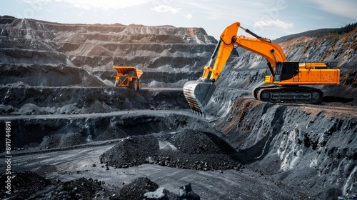 Obraz na płótnie An open-pit mine during midday, with harsh sunlight and shadows on the machinery and terrain, high-resolution photo, realistic photo, cinematography, hyper realistic w salonie