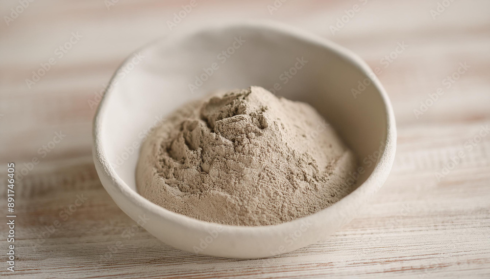 Fototapeta premium Beige clay powder in handmade ceramic bowl on wooden table. Beauty product. Skincare and wellness