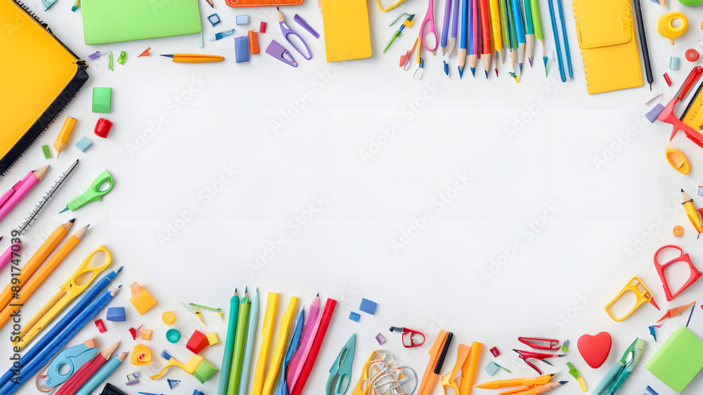Frame of colorful school supplies on white background. Back to school concept. Flat lay, top view, overhead. Frame of colorful school supplies on white background. Back to school concept. Flat lay, top view, overhead.