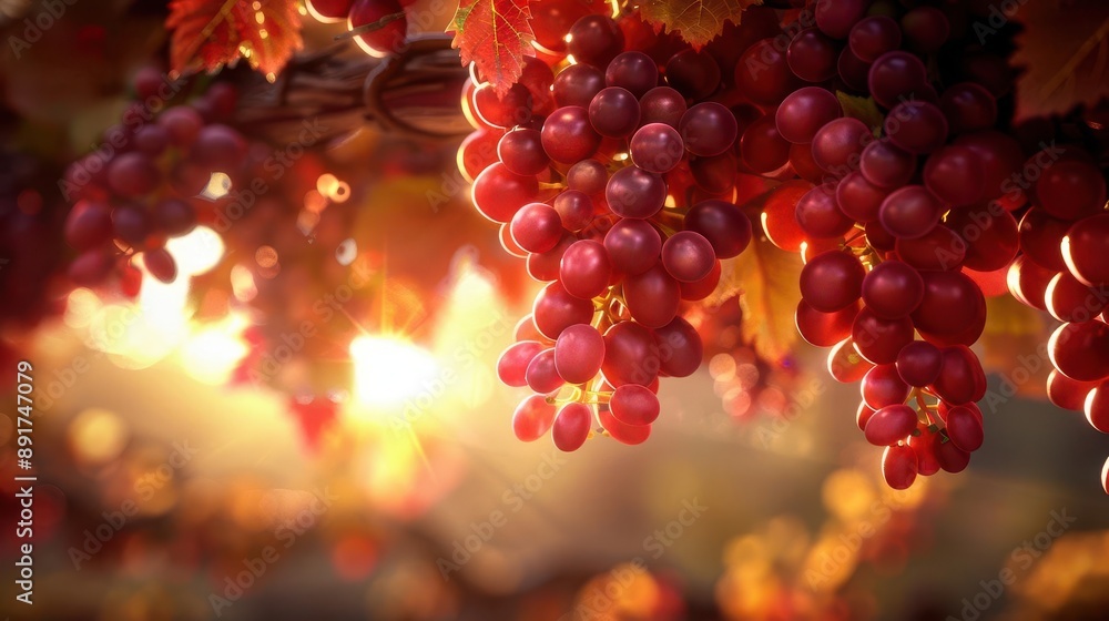 Vineyard in autumn, leaves turning red and gold, grapes ready for harvest, lowangle shot, abundant and lush Vineyard in autumn, leaves turning red and gold, grapes ready for harvest, lowangle shot, abundant and lush
