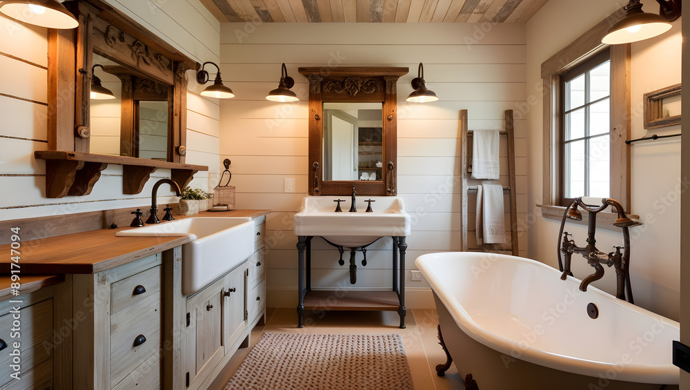 Fototapeta premium A warmly lit farmhouse bathroom, exuding coziness and charm, generative ai