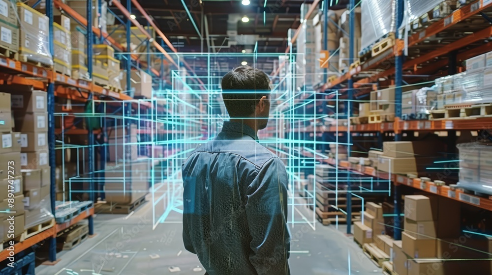 Man Walking Through Warehouse with Digital Overlay Man Walking Through Warehouse with Digital Overlay