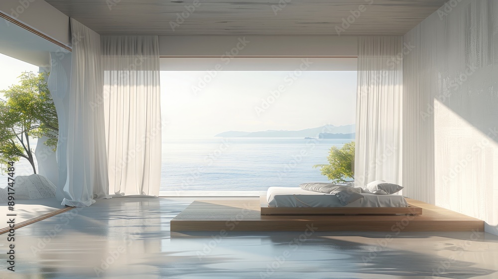Fototapeta premium Minimalist modern interior design of a living room with floor-to-ceiling windows and a sea view, a wooden bed in front of the window, minimalist home decor. Generative AI.