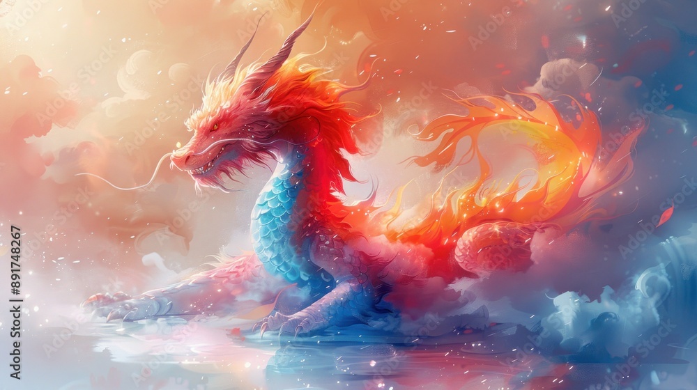 Cute Asian Dragon on Pastel Background - Vector Art with Faceted Minimal Abstract Design Cute Asian Dragon on Pastel Background - Vector Art with Faceted Minimal Abstract Design