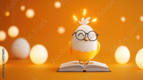 Cute chicken egg character with glasses and a book, nerdy and intelligent, cartoon style, educational theme, bright colors photo