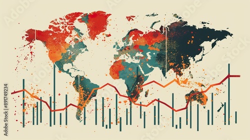 Global Economic Crisis Visualized. World map and graphs. High quality AI generated image