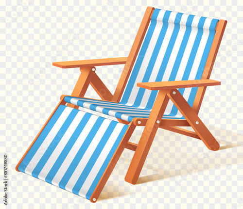 Realistic striped beach chair for relaxation. Wooden deckchair for summer leisure. Isolated vector illustration