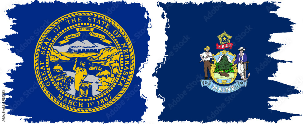 Maine and Nebraska states grunge brush flags connection, vector Maine and Nebraska states grunge brush flags connection, vector