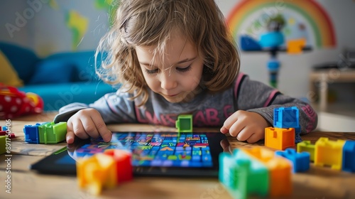 Young child playing educational game on tablet surrounded by colorful building blocks at home.