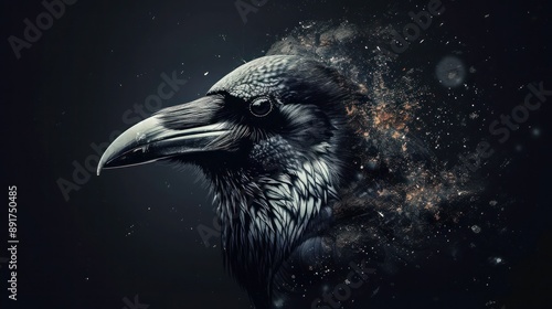 Artistic Black Common Raven on Dark Background