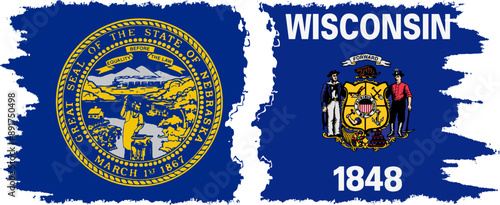 Wisconsin and Nebraska states grunge brush flags connection, vector