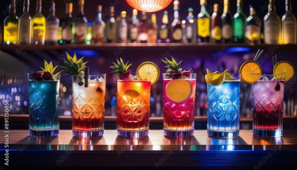 A chic display of multi-colored cocktails, their reflections mirrored on the bar counter, wi A chic display of multi-colored cocktails, their reflections mirrored on the bar counter, wi