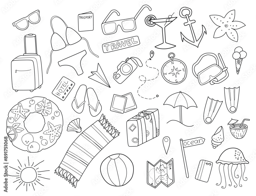 Fototapeta premium Hand drawn Set of travel Summer Vacation elements, luggage, map, suitcase, sea star. Doodle sketch style. Travel Illustration for banner, background, icon, logo design. Summertime Concept.