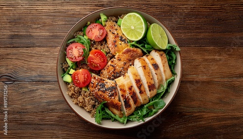 A wholesome salad bowl with a bed of quinoa, ripe tomato chunks, sliced grilled chicken, avo