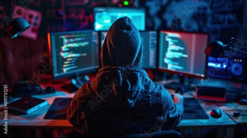 A hooded figure sits at a desk in a dimly lit room, facing three computer monitors displaying code. The person is working late at night, likely creating malicious software