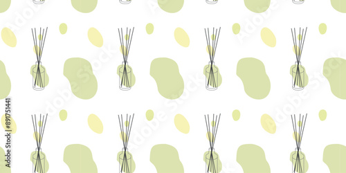Home fragrances Seamless pattern, Glass bottles with aroma Bamboo sticks, Loop background with perfumes for home, flat linear design Diffusers isolated on white. Aromatherapy concept illustration