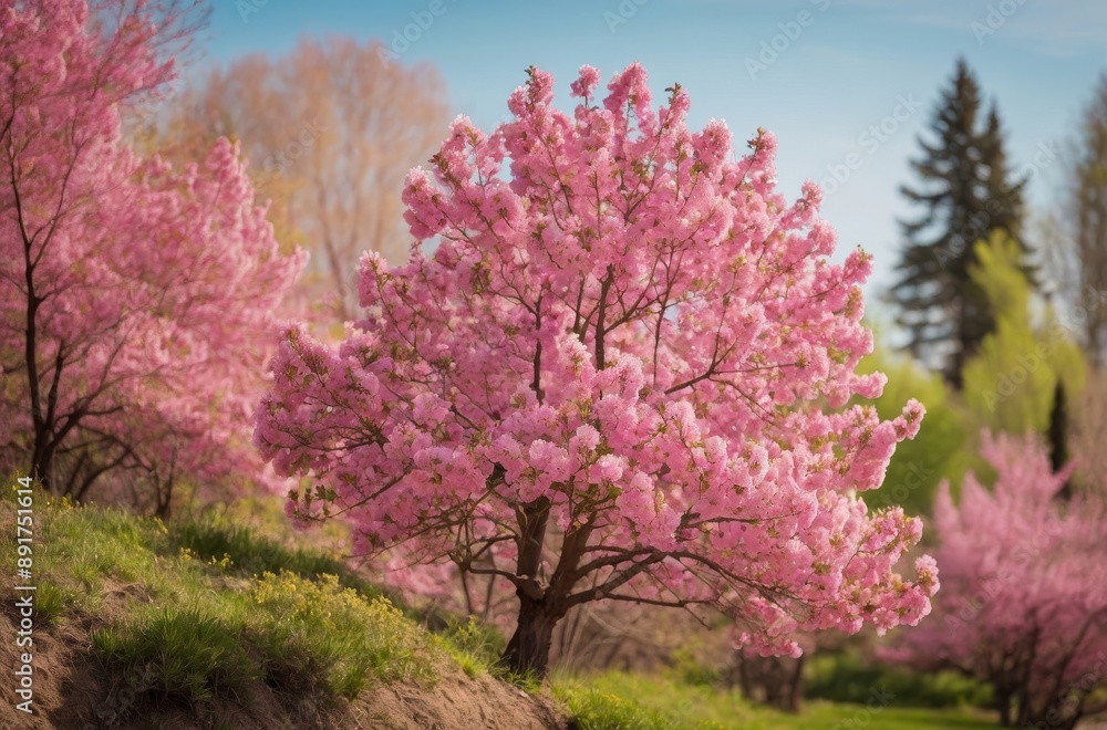 Vibrant pink cherry blossom tree stands out against backdrop of green foliage and soft blue sky Vibrant pink cherry blossom tree stands out against backdrop of green foliage and soft blue sky