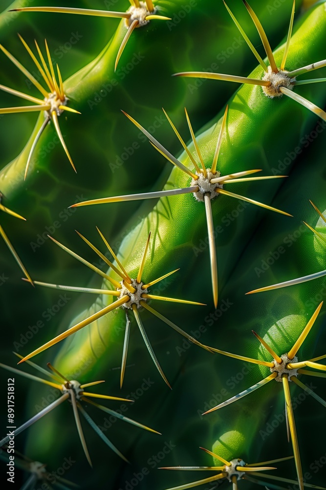 detailed close up of a green cactus surface, showcasing the sharp, elongated spines protruding from the plant detailed close up of a green cactus surface, showcasing the sharp, elongated spines protruding from the plant