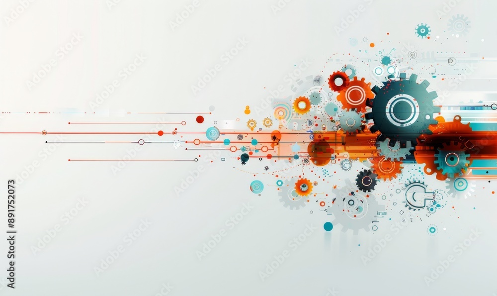 Obraz premium Gears and cogs in motion on a white background with digital tech elements, representing the concept