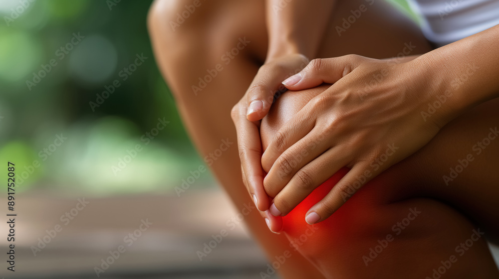 Hands gently holding a painful knee, with a red highlight indicating discomfort, emphasizing the need for care and attention. Hands gently holding a painful knee, with a red highlight indicating discomfort, emphasizing the need for care and attention.