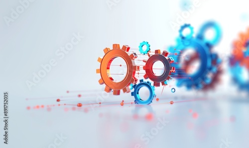 Gears and cogs in motion on a white background with digital tech elements, representing the concept
