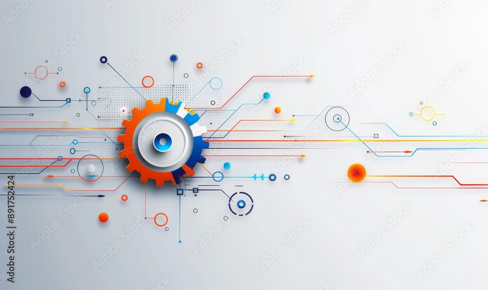Obraz premium Gears and cogs in motion on a white background with digital tech elements, representing the concept
