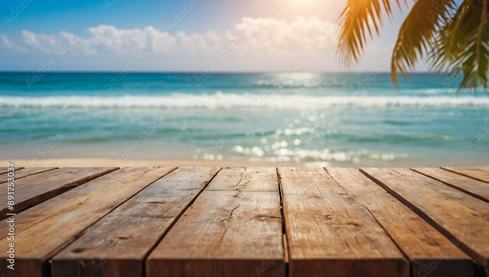 Fototapeta premium Brown wooden table, sea view background, blurred