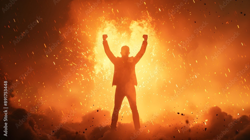 Fototapeta premium Man Silhouette Against Fiery Background.