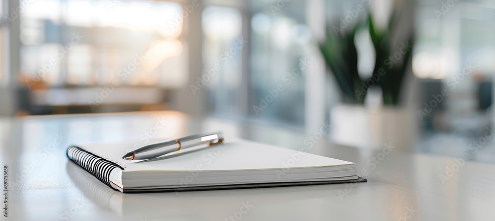 Photo of a pen and notebook on an office desk, with a blurred background of a conference room. Photo of a pen and notebook on an office desk, with a blurred background of a conference room.