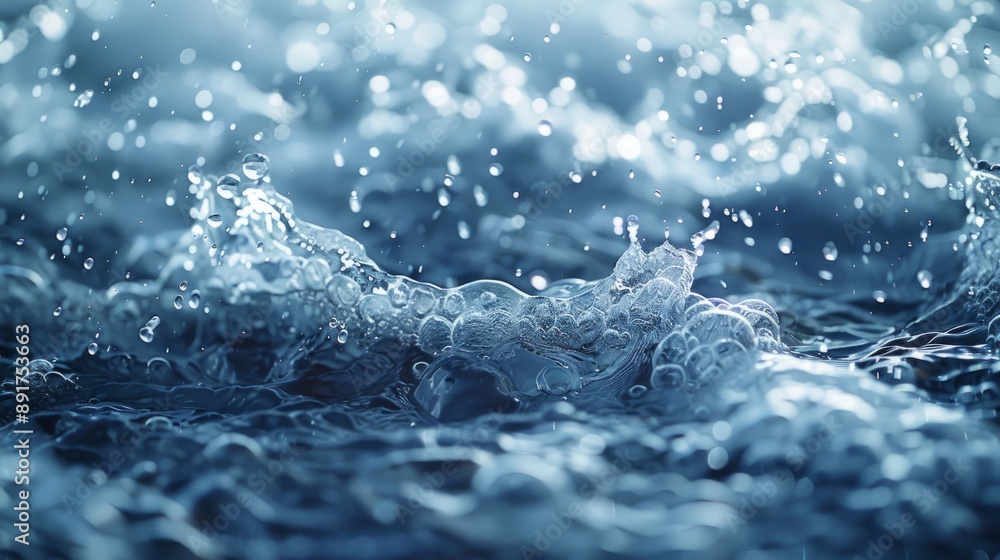Defocus blur transparent blue, clear calm water texture with splash and foam Defocus blur transparent blue, clear calm water texture with splash and foam