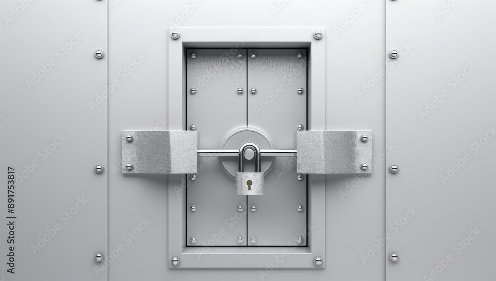 Realistic gray metallic bank vault door with padlock on white background, detailed and sharp focus Realistic gray metallic bank vault door with padlock on white background, detailed and sharp focus
