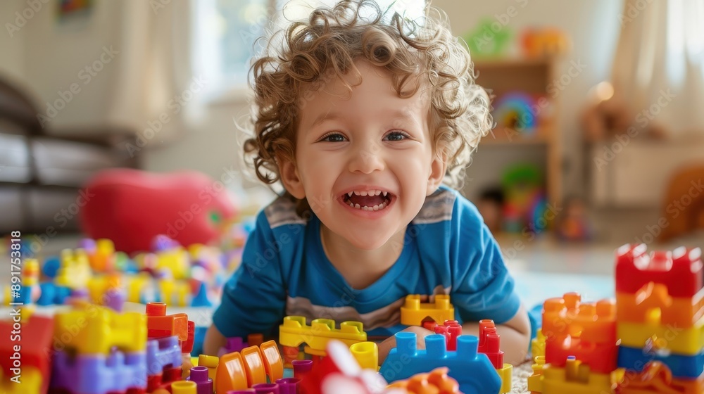 A young boy with curly hair smiles while playing with colorful building blocks in his home playroom A young boy with curly hair smiles while playing with colorful building blocks in his home playroom