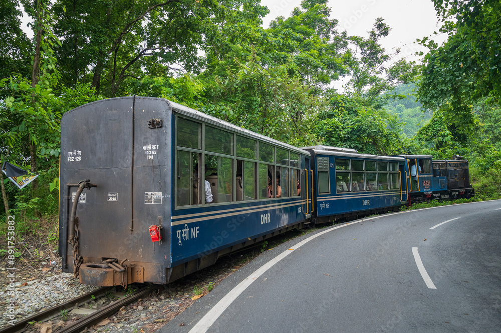 Fototapeta premium Darjeeling,West Bengal,India - 10th August 2023 : Diesel Toy train passing through Himalayan roads and jungle. Darjeeling Himalayan Railway, narrow gauge railway between New Jalpaiguri and Darjeeling.