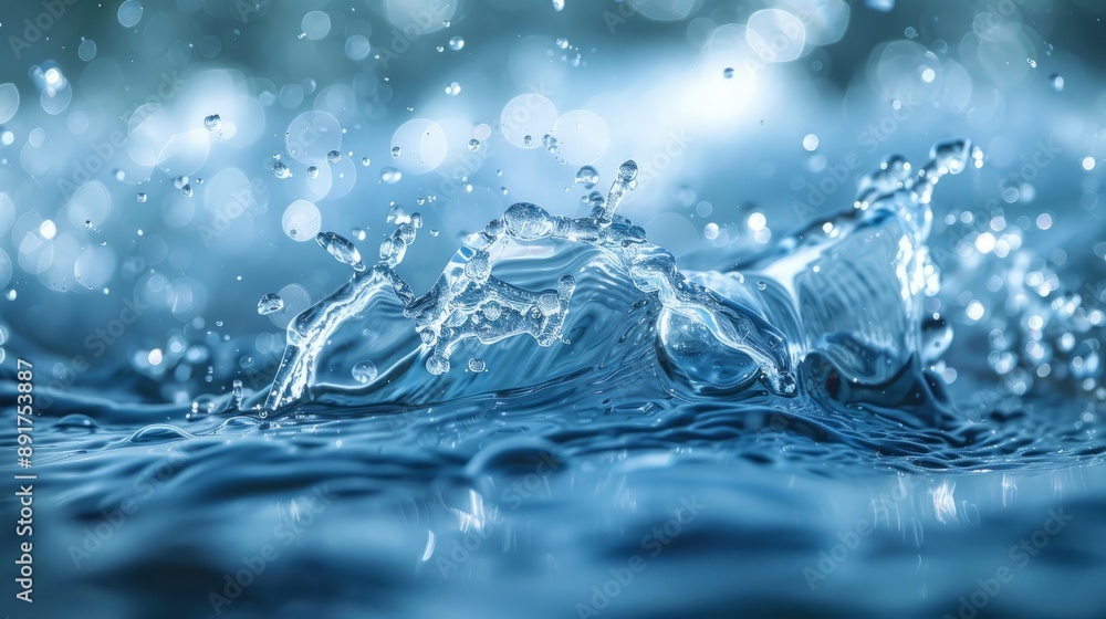 Defocus blur transparent blue, clear calm water texture with splash and foam Defocus blur transparent blue, clear calm water texture with splash and foam