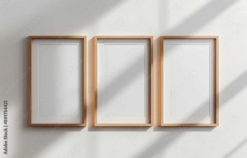 3 blank picture frames on the wall above a concrete console table, minimalist modern home interior 3 blank picture frames on the wall above a concrete console table, minimalist modern home interior