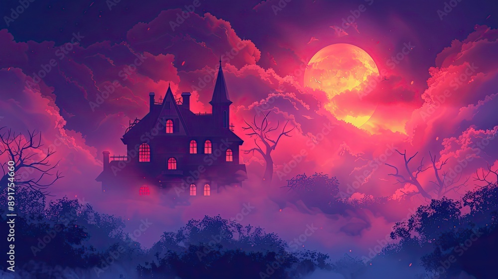 Haunted house, eerie windows and ghostly fog, Haunted house, eerie windows and ghostly fog,