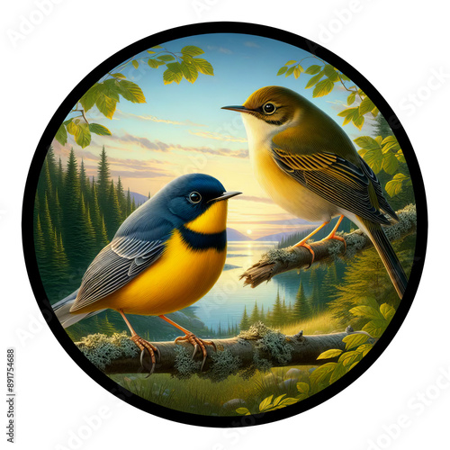 A circular 3D rendered watercolor painting of a male and female Mourning Warbler, perched on a tree branch, isolated on a transparent background
 photo