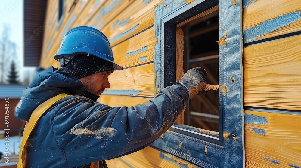 Fototapeta premium A worker insulates a private house with siding. Generative AI.