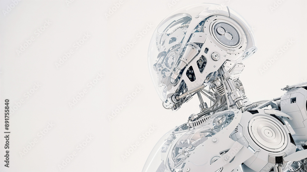 Artificial robot mechanism made of transparent glass and mechanical elements on white clean background Artificial robot mechanism made of transparent glass and mechanical elements on white clean background