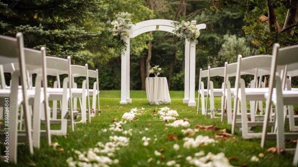 Create a serene wedding scene featuring a clean, minimalist outdoor setup. Imagine white chairs arranged neatly on a lush green lawn, a simple white arch adorned with delicate flowers Create a serene wedding scene featuring a clean, minimalist outdoor setup. Imagine white chairs arranged neatly on a lush green lawn, a simple white arch adorned with delicate flowers