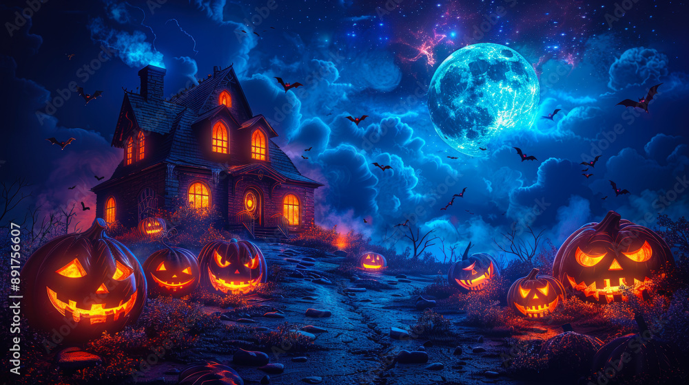 Eerie Halloween Haunted House With Glowing Pumpkins and Blue Moon Eerie Halloween Haunted House With Glowing Pumpkins and Blue Moon