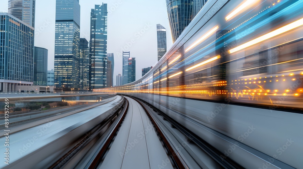 Fototapeta premium Modern Cityscape: A sleek, futuristic train races through a bustling metropolis, with towering skyscrapers as a backdrop. The image evokes a sense of speed, progress, and urban dynamism. 