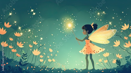 Magical fairy in a whimsical forest, illuminated by glowing lights, surrounded by blooming flowers at night.